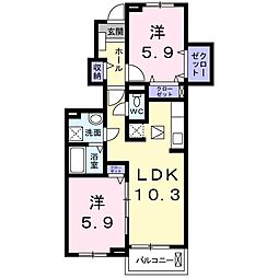 近鉄京都線 山田川駅 徒歩13分の賃貸アパート 1階2LDKの間取り
