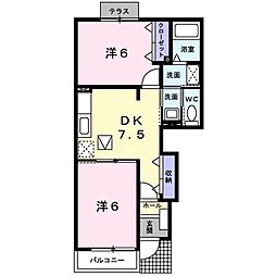 近鉄京都線 富野荘駅 徒歩4分の賃貸アパート 1階2DKの間取り