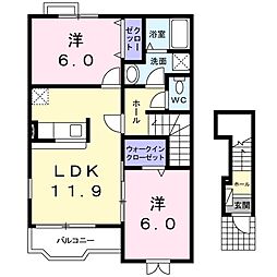 JR常磐線 小木津駅 徒歩14分の賃貸アパート 2階2LDKの間取り