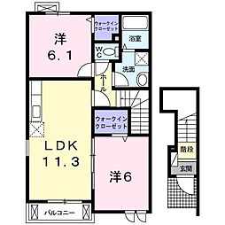 カトルセゾンＡ 2階2LDKの間取り