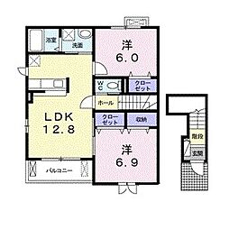名鉄小牧線 春日井駅 徒歩18分の賃貸アパート 2階2LDKの間取り
