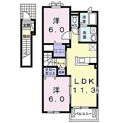 ラ　モンターニュI 2階2LDKの間取り