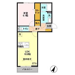 ライフマンションA・B　B 2階1LDKの間取り