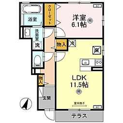 ＷｅｓｔガーデンＦｕｋｕｃｈｉ　Ｂ 1階1LDKの間取り