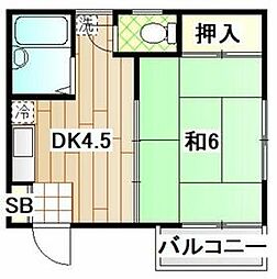 サンヒルズＢ棟 2階1DKの間取り
