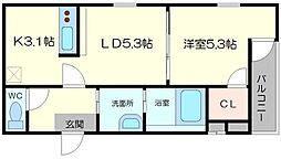 フジパレス下新庄WEST 3階1LDKの間取り