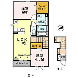 JR中央線 高尾駅 徒歩12分の賃貸アパート 2階2LDKの間取り