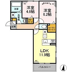 Ｄ−ｒｏｏｍ　森本 1階2LDKの間取り