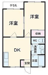 小田急小田原線 生田駅 徒歩20分の賃貸マンション 1階2DKの間取り