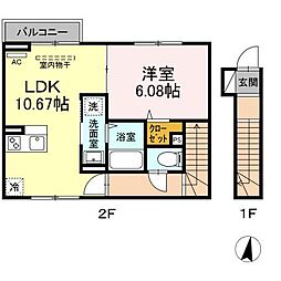 セレスティア北小岩 2階1LDKの間取り