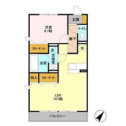 プリムヴェール二の宮 3階1LDKの間取り