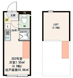 ハーモニーテラス志茂XVI 2階ワンルームの間取り