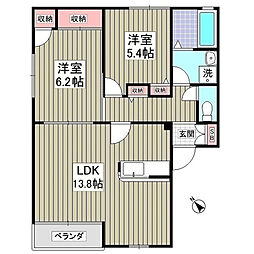 グランドハイツC棟 2階2LDKの間取り