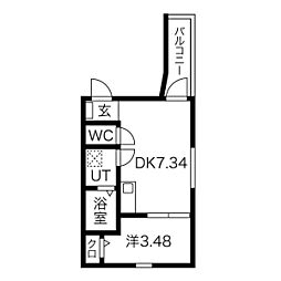 プリシェール黄金 2階1DKの間取り