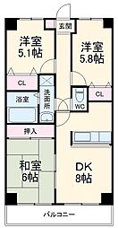セジュールコート 5階3DKの間取り