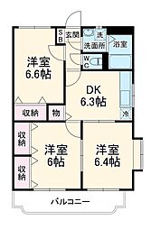 フレンドリーヒルＢ棟 2階3DKの間取り