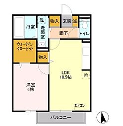 ヴィルヌーブ 2階1LDKの間取り