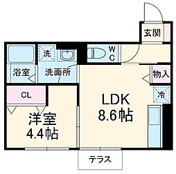 スカイコートA棟 2階1LDKの間取り