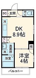JR総武線 船橋駅 徒歩6分の賃貸マンション 2階1DKの間取り