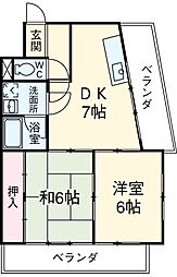 エステートII 6階2DKの間取り