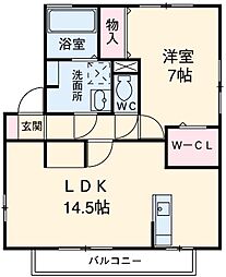 アヴェクアンシエン 2階1LDKの間取り