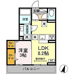 ヴィラクレストVI 2階1LDKの間取り