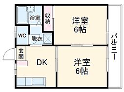 セイコーハイム 3階2DKの間取り