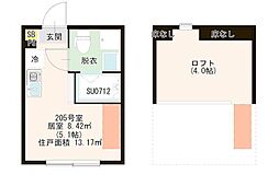 ハーモニーテラス中台 2階ワンルームの間取り