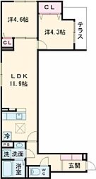 セレスティア扇III 3階2LDKの間取り