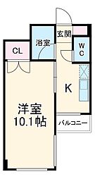 サワータウン白山 2階1Kの間取り