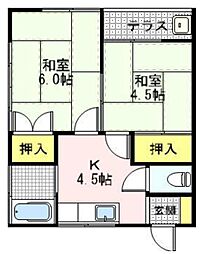 谷河内コーポ 1階2Kの間取り
