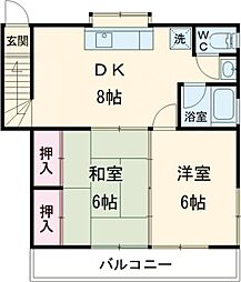 奥田貸家 2階2DKの間取り