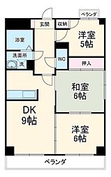 旭丘ハイツ 2階3DKの間取り