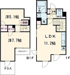 アジールコート三宿テラス 地下1階2LDKの間取り
