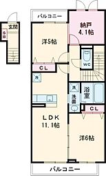 シャルマン青葉B棟 2階2LDKの間取り