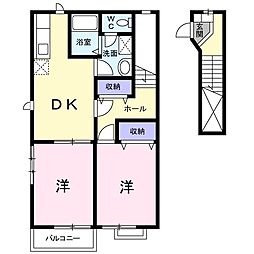 カーサカネジョウA 2階2DKの間取り