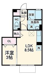 レセンテ紫峰ヶ丘　Ｂ 2階1LDKの間取り