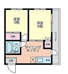 ユニヴェール陽光台 3階2DKの間取り