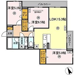 Ｄ−ＫＩＳＡＲＩＡ　ＥＩ 3階3LDKの間取り