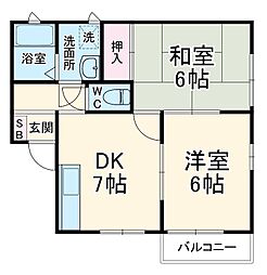 グレース壱番館 2階2DKの間取り