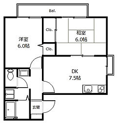 ドエル上桂 1階2DKの間取り