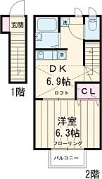 グリーンハイツII 2階1DKの間取り