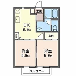 ディアス北村C 2階2DKの間取り