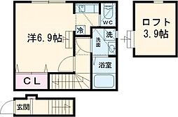 ウィング・ジムコA棟 2階1Kの間取り