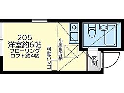 ユナイト戸手ポンピドゥーの杜 2階ワンルームの間取り