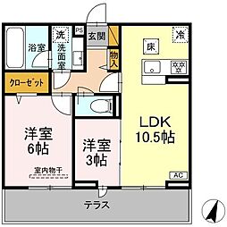 リシェスみのり台　A棟 1階2LDKの間取り