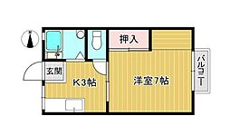 大川ハイツ 2階1Kの間取り