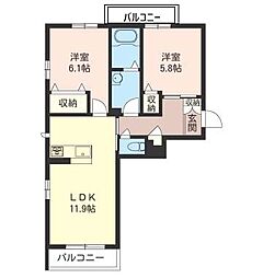 TSヴィラ元総社 3階2LDKの間取り