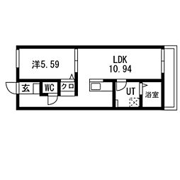 ティンガーラ須ヶ口　WEST 3階1LDKの間取り