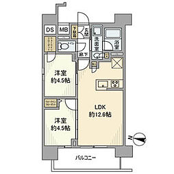 JR東海道本線 金山駅 徒歩9分の賃貸マンション 12階2LDKの間取り